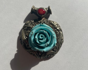 Turquoise Howlite Rose Pendant w/ Coral Accent, Tibetan Silver, Hand Engraved, Vintage, Statement Piece