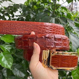 Puede incluir: Un cinturón de color óxido con un patrón texturizado en relieve que recuerda a la piel de reptil. El cinturón cuenta con una hebilla rectangular de metal dorado pulido con un acabado liso y reflectante y un detalle de barra vertical central.
