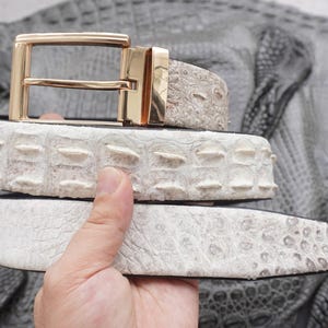 Op de afbeelding: Een witte riem met textuur, een opvallend verhoogd schubbenpatroon en een gepolijste goudkleurige metalen gesp. De riem heeft een uitgesproken, ruwe oppervlaktestructuur die doet denken aan exotische huid, gecombineerd met een rechthoekige gouden gesp.