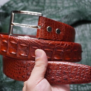 Op de afbeelding: Een roodbruine riem met een gestructureerd, verhoogd patroon dat doet denken aan krokodillenleer. De riem is voorzien van een gepolijste zilverkleurige metalen gesp en twee ronde metalen klinknagels bij het bevestigingspunt van de gesp.