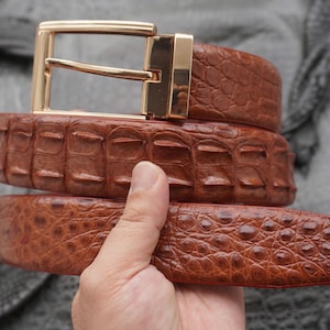 Pode incluir: Um cinto castanho com um padrão de escamas texturizado e em relevo e uma fivela de metal dourado polido. O cinto apresenta uma crista de escamas distinta e proeminente ao longo do centro e uma textura de escamas arredondadas na ponta.