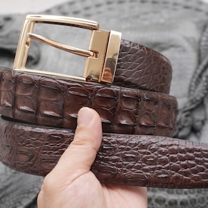 Puede incluir: Un cinturón marrón oscuro con un patrón texturizado de escamas que recuerda a la piel exótica. El cinturón cuenta con una hebilla rectangular de metal dorado pulido con un perno a juego. La correa tiene una textura grabada y consistente.