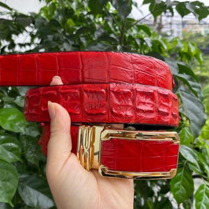 Puede incluir: Un cinturón rojo brillante con un patrón de piel de cocodrilo texturizado y una hebilla de metal dorado pulido. La correa del cinturón está hecha de un material rojo brillante con una superficie escamosa y una hebilla rectangular metálica.