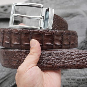 Puede incluir: Un cinturón de color marrón oscuro con un patrón de escamas texturizado y elevado que recuerda a la piel de cocodrilo. El cinturón cuenta con una hebilla de metal plateado pulido con un marco rectangular y un acabado liso y limpio.