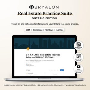 Könnte beinhalten: Ein Laptop-Bildschirm zeigt die BRYALON Real Estate Practice Suite Ontario Edition, ein All-in-One-Notion-System. Die Benutzeroberfläche enthält eine Grafik der Stadtsilhouette, ein Haussymbol sowie Navigationslinks für CRM, Transaktionen und Workflows.