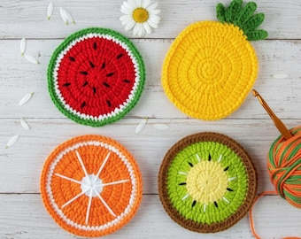Set of 4 Crochet Fruit Coasters, Handmade Cotton Drink Coasters, Kitchen Decor, Housewarming Gift