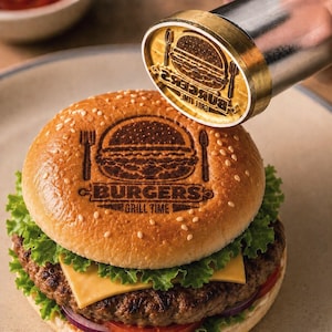 Ferro de marcar alimentos personalizado, carimbo com logotipo personalizado para hambúrgueres, bifes, ferro elétrico para carne, presente para ele