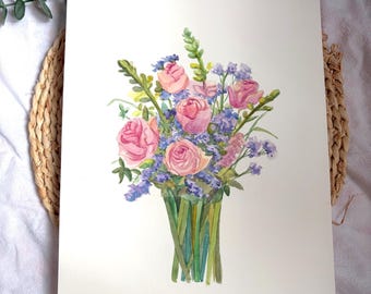 Acuarela floral original de rosas rosa pálido y lavanda (31 x 23 cm)