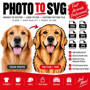 May include: A digital service advertisement titled PHOTO TO SVG featuring a golden retriever photograph next to its vector illustration. Includes file format icons like SVG, PNG, DXF, EPS, AI, JPG and text listing applications for t-shirts, mugs, and more.