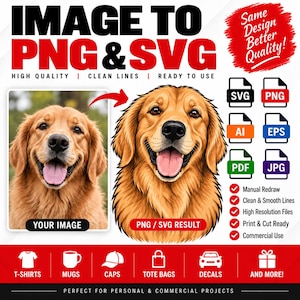 Op de afbeelding: Een digitale serviceafbeelding met een foto van een golden retriever die is omgezet in een vectorillustratie. De tekst bevat IMAGE TO PNG & SVG, Same Design Better Quality, YOUR IMAGE, PNG / SVG RESULT en iconen voor T-SHIRTS, MUGS, CAPS, TOTE BAGS, DECALS, AND MORE.