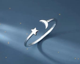925 Sterling Silver - Moon & Star adjustable ring