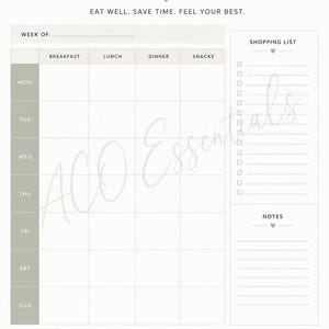 Minimalist Weekly Meal Planner Printable | Meal Plan Template | Grocery List | A4 & US Letter | Digital Download | Kitchen Planner | ACO