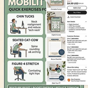 May include: A digital download product listing for a 5-Minute Desk Mobility Guide. The guide, created by a licensed physical therapist, offers quick exercises to reset posture, boost energy, and reduce tension. Includes printable PDF files for A4 and US Letter sizes.