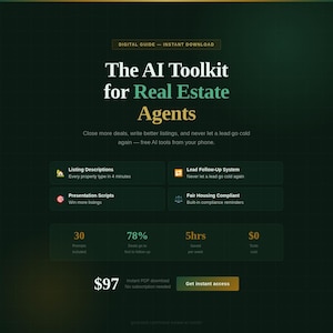 Może przedstawiać: Cyfrowy przewodnik zatytułowany "The AI Toolkit for Real Estate Agents" na ciemnozielonym tle. Przewodnik obiecuje pomóc agentom w zawieraniu większej liczby transakcji. Zawiera opisy ofert, skrypty prezentacji i systemy follow-up dla potencjalnych klientów. Cena to 97 €.