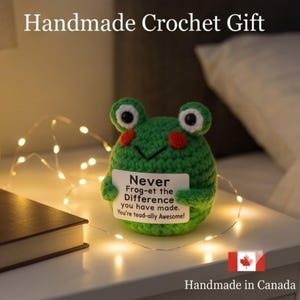 May include: A green crochet frog plush toy with large white eyes, red cheeks, and a small sign held in its arms that reads: Never Frog-et the Difference you have made. You're toad-ally Awesome! The frog is surrounded by thin, glowing string lights.