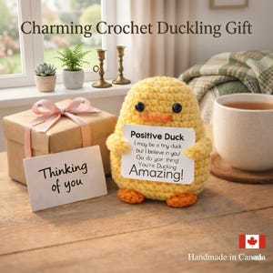 Peut inclure: Un caneton au crochet jaune fait à la main avec des pieds orange et un petit bec orange. Le caneton tient une pancarte avec l'inscription "Positive Duck" et "You're Ducking Amazing!". Une boîte cadeau avec un nœud rose et une carte "Thinking of you" sont également présents.