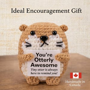 May include: A handmade, crocheted otter figurine in shades of brown and white, holding a sign that reads "You're Otterly Awesome." The text "Ideal Encouragement Gift" is above the otter. The Canadian flag and "Handmade in Canada" are also visible.
