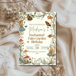 Invitación de cumpleaños con temática de jardín de hadas encantado / Invitación editable para fiesta de hadas del bosque imagen 3