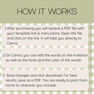 Puede incluir: Un gr&aacute;fico informativo con un fondo de cuadros en color verde salvia y blanco. El texto dice: HOW IT WORKS. 1. After purchasing you will recieve a PDF file with your template link & instructions. 2. On Canva, you can edit the words. 3. Save.