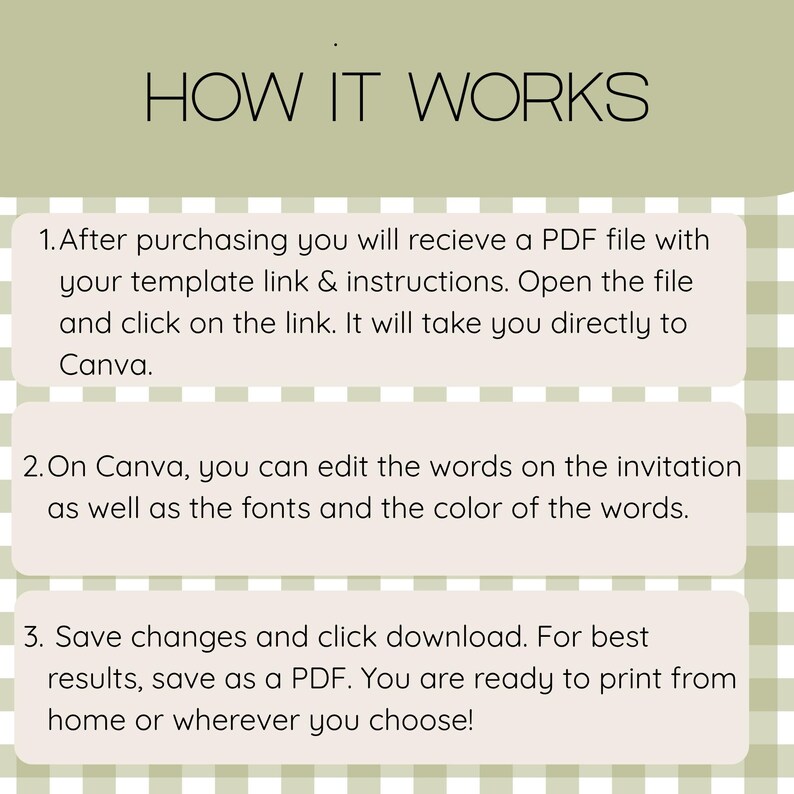 Puede incluir: Un gr&aacute;fico informativo con un fondo de cuadros en color verde salvia y blanco. El texto dice: HOW IT WORKS. 1. After purchasing you will recieve a PDF file with your template link & instructions. 2. On Canva, you can edit the words. 3. Save.