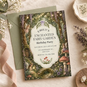 Könnte beinhalten: Eine rechteckige Geburtstagseinladung mit einer märchenhaften Waldszene, Feen, Pilzen und Glyzinien. Das mittlere, weiß geschwungene Etikett zeigt den Text: EMILY'S ENCHANTED FAIRY GARDEN Birthday Party, SATURDAY, JULY 6TH AT 2:00, 123 ANYWHERE ST., ANY CITY, RSVP TO: 123-456-7890.