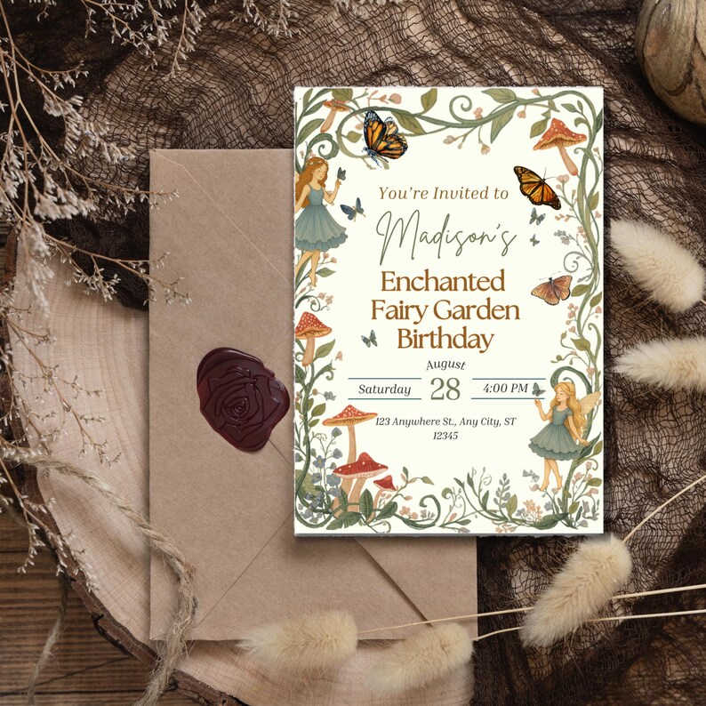 Puede incluir: Una tarjeta de invitaci&oacute;n de cumplea&ntilde;os rectangular con fondo crema y un borde de enredaderas verdes, setas rojas y mariposas. El texto dice: You're Invited to Madison's Enchanted Fairy Garden Birthday, 28 de agosto, 4:00 PM.