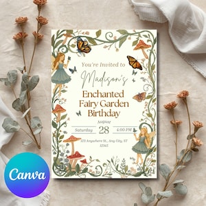 Invitación de cumpleaños con temática de jardín de hadas encantado / Invitación editable para fiesta de hadas del bosque imagen 1