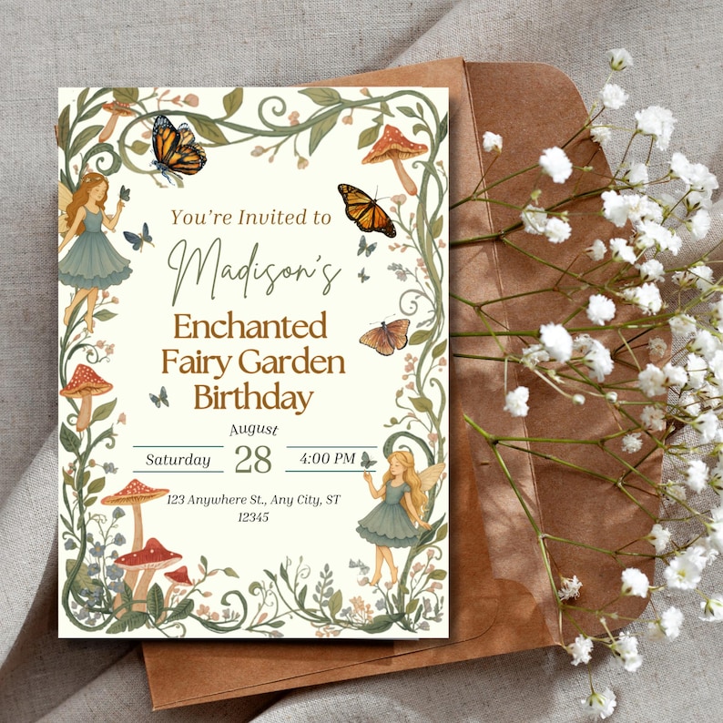 Puede incluir: Una tarjeta de invitaci&oacute;n rectangular con fondo crema, borde de enredaderas verdes e ilustraciones de hadas, setas y mariposas. El texto dice: You're Invited to Madison's Enchanted Fairy Garden Birthday, Saturday, August 28, 4:00 PM, 123 Anywhere St., Any City, ST 12345.