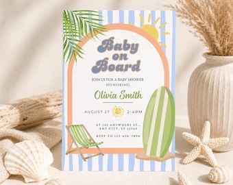 Baby on Board Beach Baby Shower Invitation | Coastal Surf Editable Canva Template