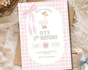 Plantilla de invitación de cumpleaños de Silly Goose / Invitación de fiesta estilo cuento de hadas / Plantilla editable de Canva