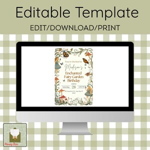 Puede incluir: Una plantilla de invitaci&oacute;n digital editable que se muestra en un monitor de computadora. El dise&ntilde;o presenta un tema de jard&iacute;n de hadas con ilustraciones de hadas, hongos y mariposas. El texto dice: You're Invited to Madison's Enchanted Fairy Garden Birthday.