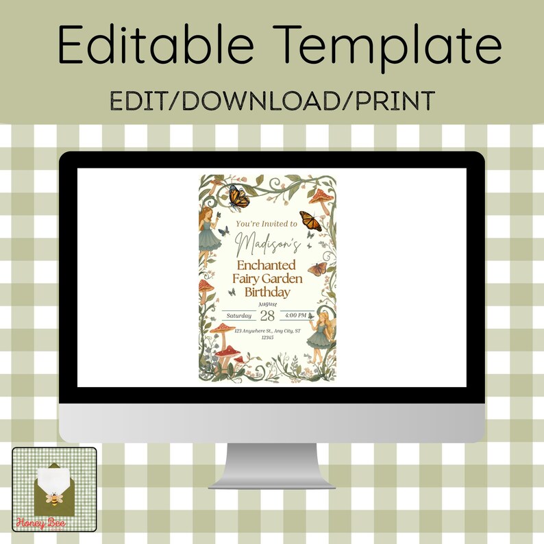Puede incluir: Una plantilla de invitaci&oacute;n digital editable que se muestra en un monitor de computadora. El dise&ntilde;o presenta un tema de jard&iacute;n de hadas con ilustraciones de hadas, hongos y mariposas. El texto dice: You're Invited to Madison's Enchanted Fairy Garden Birthday.