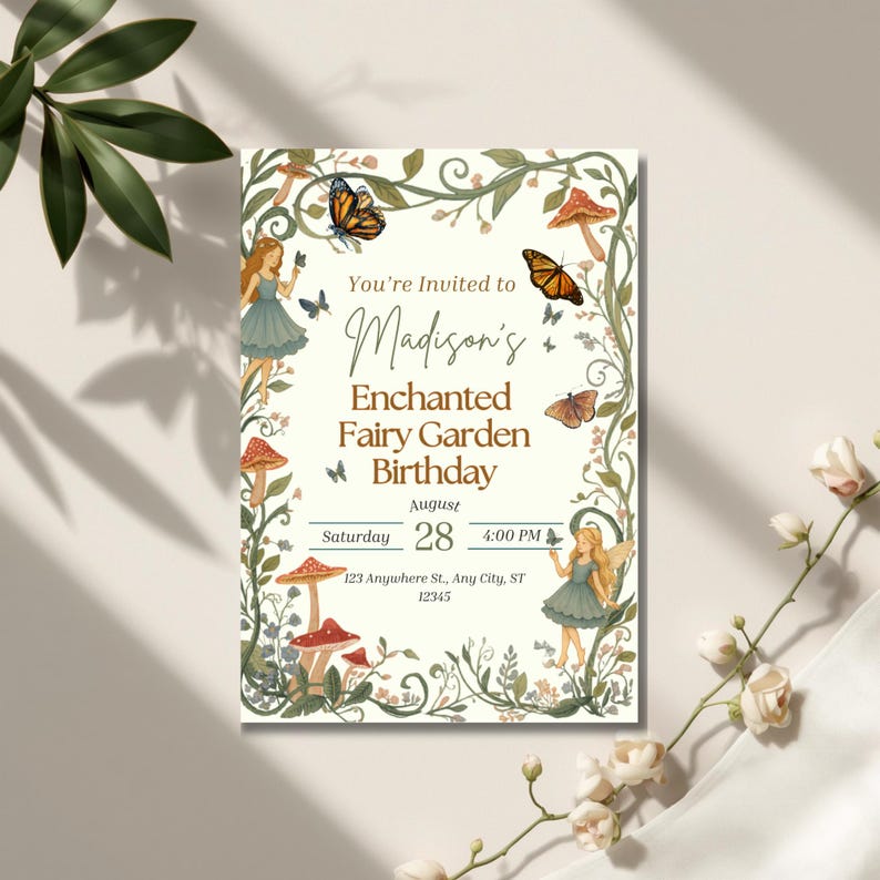 Puede incluir: Una tarjeta de invitaci&oacute;n de cumplea&ntilde;os rectangular con fondo crema y un borde de enredaderas verdes, setas rojas y mariposas naranjas. Dos hadas ilustradas con vestidos azules est&aacute;n presentes. El texto dice: You're Invited to Madison's Enchanted Fairy Garden Birthday, August, Saturday 28, 4:00 PM, 123 Anywhere St., Any City, ST 12345.