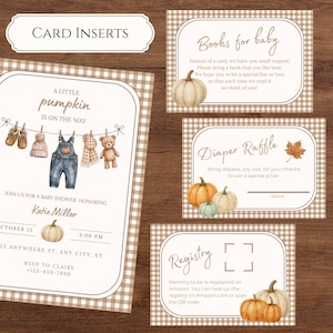 May include: A set of baby shower stationery featuring a brown and white gingham border. The cards include a main invitation with pumpkin and baby clothes illustrations, a books for baby card, a diaper raffle card, and a registry card with text.