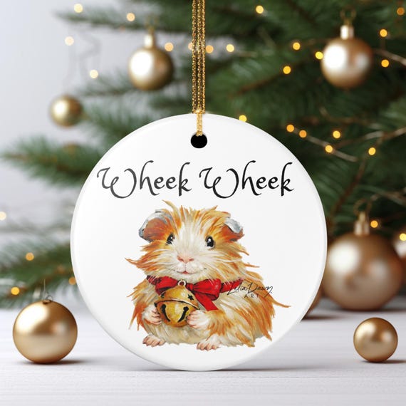 A customizable guinea pig Christmas ornament — niche enough that any small-pet owner will lose their mind over finding their exact pet immortalized on their tree.