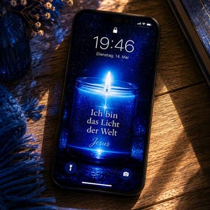Könnte beinhalten: Ein Smartphone zeigt einen Sperrbildschirm mit einer blauen Kerzengrafik und dem Text "Ich bin das Licht der Welt Jesus". Die Uhrzeit ist 19:46, und das Datum ist Dienstag, 14. Mai. Das Telefon liegt auf einer Holzoberfläche.