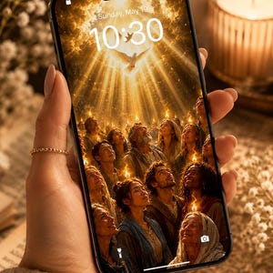 May include: A smartphone displays a digital artwork featuring a crowd of people looking upwards towards a dove and bright light. The time "10:30" is visible on the screen, along with the date "Sunday, May 19". The phone is held in a hand.