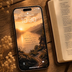 Puede incluir: Un smartphone muestra un fondo de pantalla de una puesta de sol sobre un lago con un camino hacia una casa. Son las 10:30 del martes 6 de mayo. Una Biblia abierta está junto al teléfono sobre una superficie de madera.