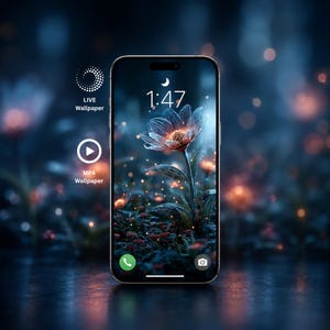 Peut inclure: Un smartphone affichant un fond d'écran numérique représentant une fleur lumineuse dans un environnement sombre avec un effet bokeh. L'écran indique l'heure 1:47, une icône de croissant de lune et les mentions LIVE Wallpaper et MP4 Wallpaper.