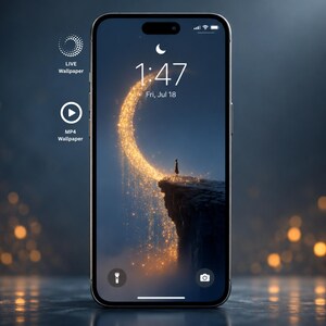 Könnte beinhalten: Ein Smartphone mit einem Sperrbildschirm, der die Uhrzeit 1:47 und das Datum Fri, Jul 18 anzeigt. Das Hintergrundbild zeigt eine Person auf einer Klippe unter einem leuchtenden goldenen Halbmond. Symbole für LIVE Wallpaper und MP4 Wallpaper sind zu sehen.