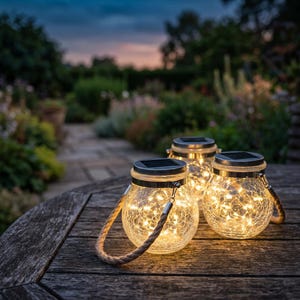 May include: Three solar-powered glass jar lanterns with rope handles sit on a wooden table. The clear jars have a crackled texture and are filled with warm white fairy lights. The lanterns have black tops and are set against a blurred garden background.