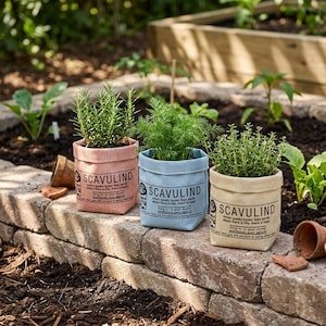 May include: Three fabric plant pots in pink, light blue, and beige, each featuring the text SCAVULIND and printed inspirational quotes. The pots contain green herbs and are arranged on a stone garden wall in an outdoor setting.