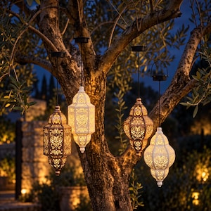 May include: Four hanging lanterns with intricate cut-out patterns suspended from tree branches. Two lanterns feature a metallic bronze finish, while the other two have a matte white finish. Each lantern includes a solar panel top and a handle.