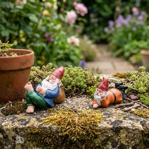 May include: Two garden gnomes are resting on a stone wall. One gnome wears a red hat, blue jacket, green pants, and is leaning against a sack. The other gnome wears an orange outfit and black boots. The background features a garden with flowers.
