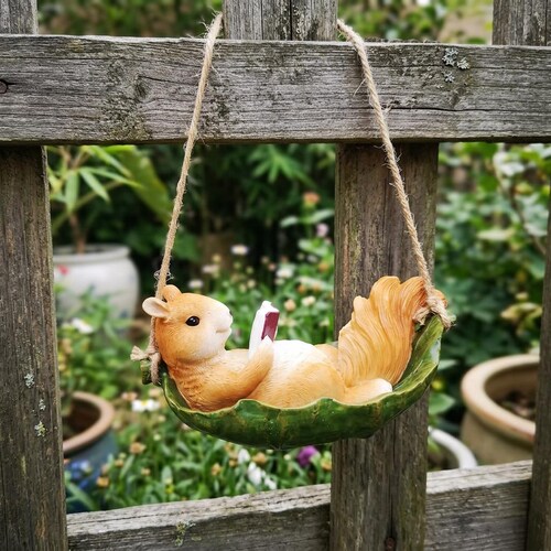 Squirrel Swing Garden Ornament, Hanging Squirrel Statue, Tree Decor, Outdoor Resin Animal Yard Art, Whimsical Garden Gift