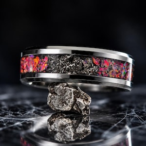 Purple Fire Opal & Meteorite Tungsten Ring | Men’s Wedding Band | Handcrafted Artisan Ring-Dragonfire Nova