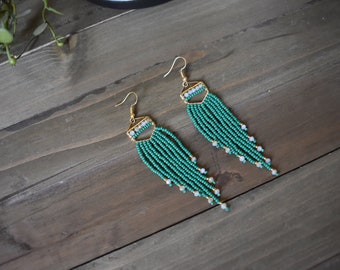 Beaded Earrings, Opal Crystal Earrings, Crystal Earrings, Bohemian Earrings, Fringe Earrings, Green and Gold Earrings, Dangle Earrings