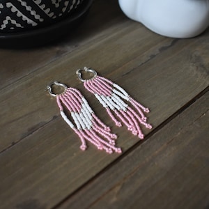 Pink Miyuki Beaded Sterling Silver Hoop Earrings: Fringe Style