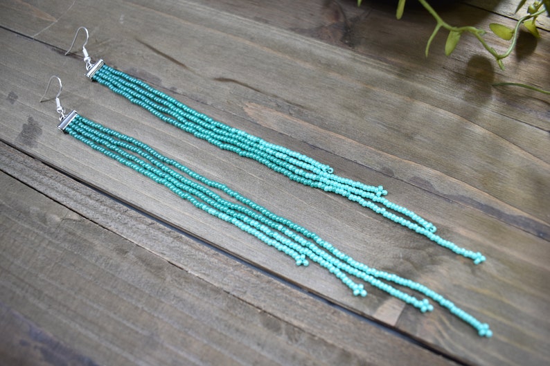 Teal and silver ombre beaded fringe earrings, bohemian style earrings, long earrings, ombre shoulder duster, shades of green earrings image 6