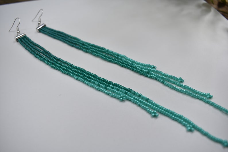 Teal and silver ombre beaded fringe earrings, bohemian style earrings, long earrings, ombre shoulder duster, shades of green earrings image 7